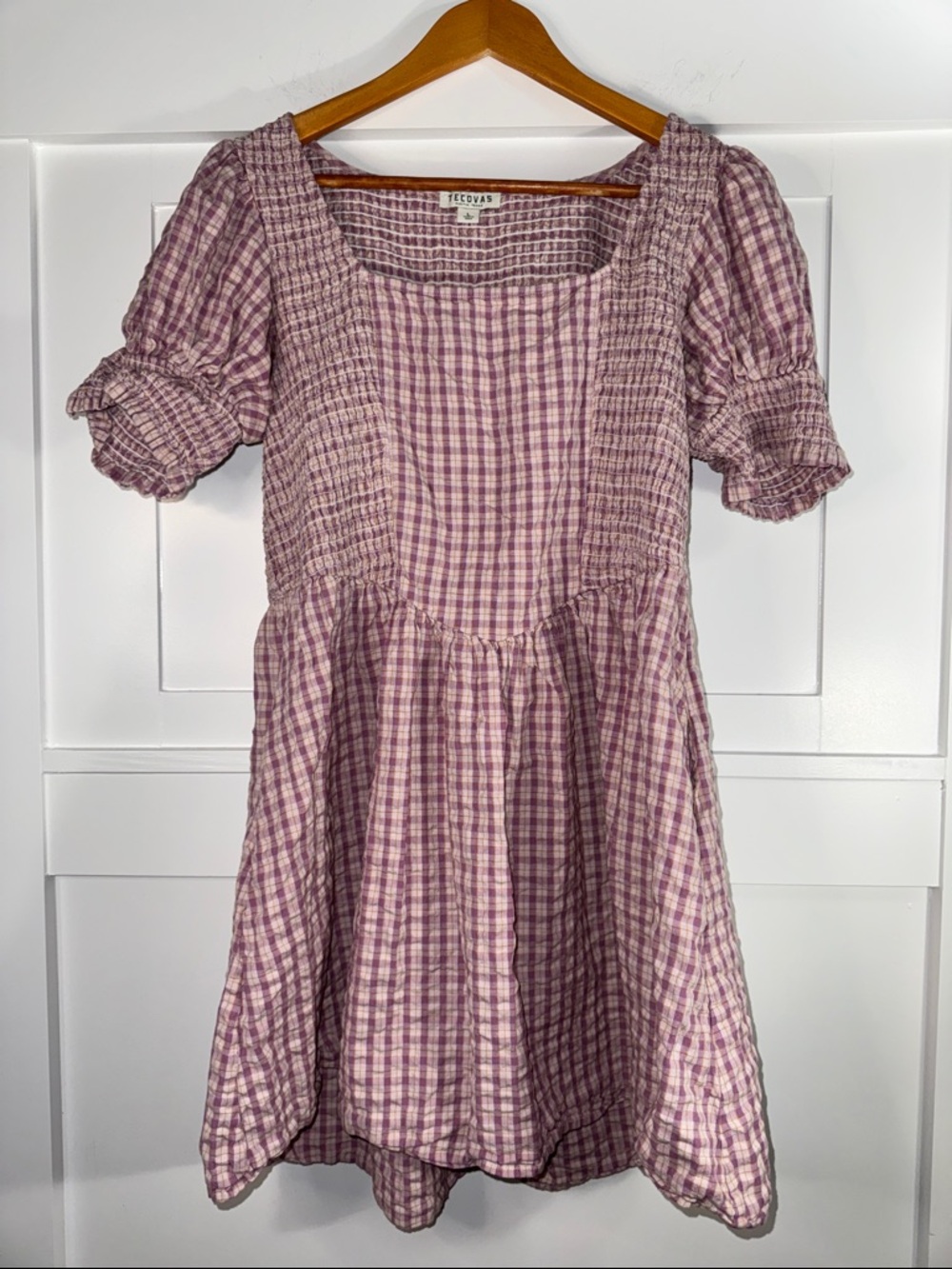 Tecovas Lavender Pink Gingham Smocked Babydoll Dress w/ pockets size Large